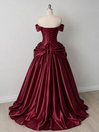 Unique A-line Off Shoulder Satin Burgundy Long Prom Dress