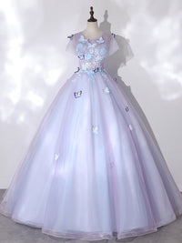 A-Line Round Neck Tulle Lace Purple Long Prom Dress, Purple Formal Dress