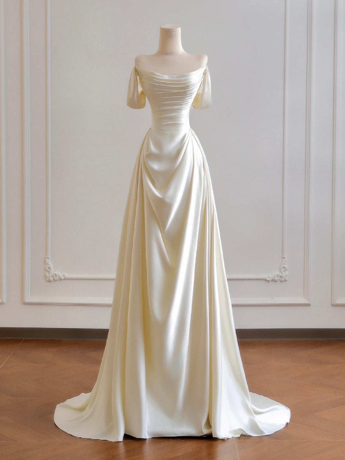 A-Line Satin Light Champagne Long Prom Dress, Off Shoulder Long Formal toptby A-Line Satin Light Champagne Long Prom Dress, Off Shoulder Long Formal toptby
