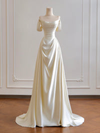 A-Line Satin Light Champagne Long Prom Dress, Off Shoulder Long Formal Dress