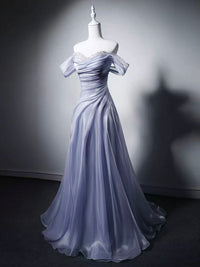A-line Sweetheart Neck Off Shoulder Light Purple Long Prom Dress with Beads