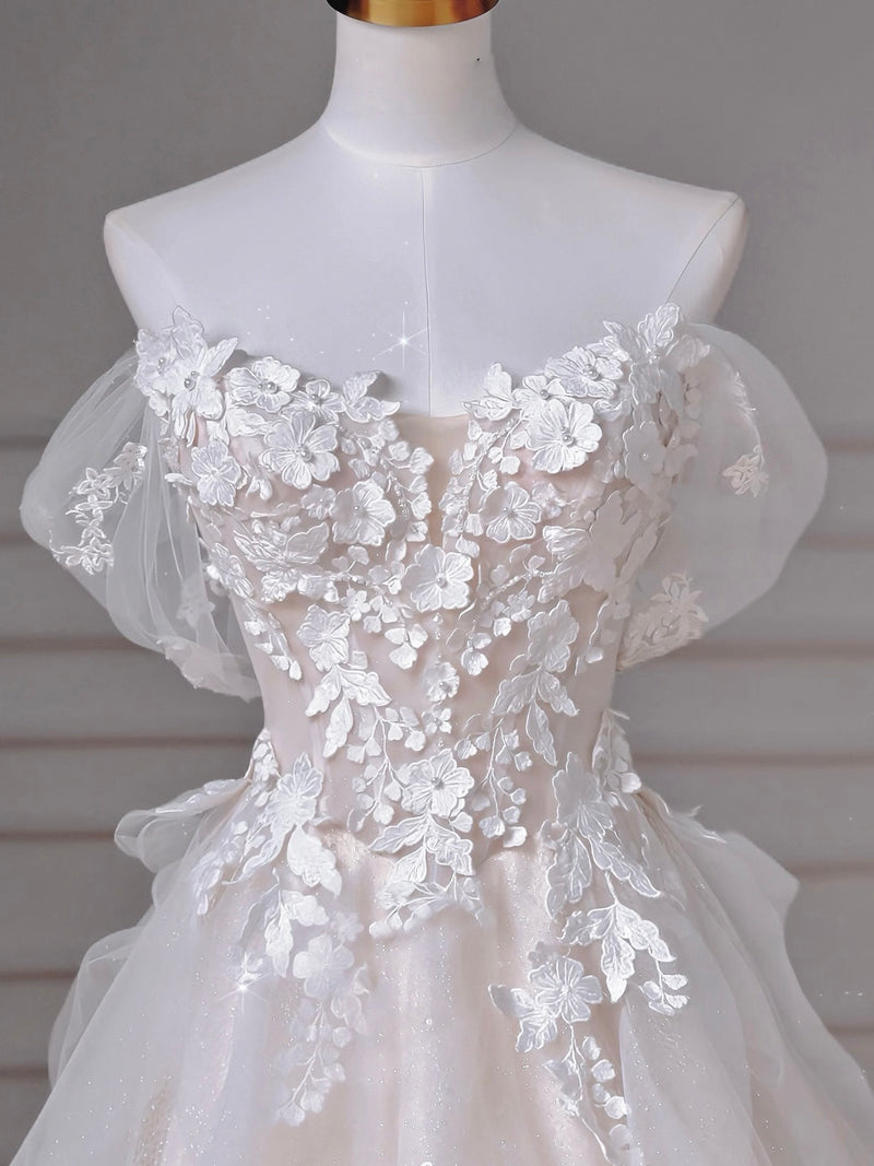A-Line Off Shoulder Tulle Lace Light Champagne Long Prom Dress