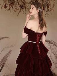 A-Line Off Shoulder Velvet Burgundy Long Prom Dress, Burgundy Long Formal Dress