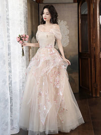 A-Line Tulle Lace Champagne Long Prom Dress, Champagne Long Formal Dress