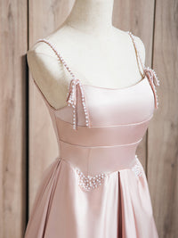 A-Line Satin Beads Pink Long Prom Dress, Pink Long Formal Dress