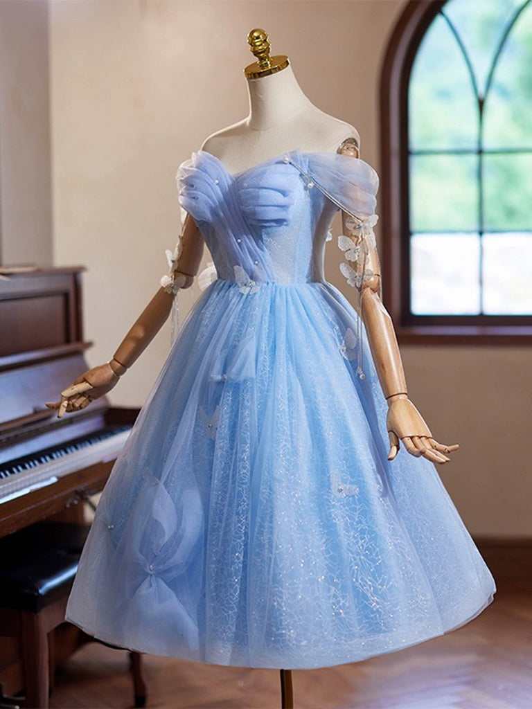 A-Line Sweetheart Neck Off Shoulder Blue Short Prom Dress with Beads – toptby A-Line Sweetheart Neck Off Shoulder Blue Short Prom Dress with Beads – toptby