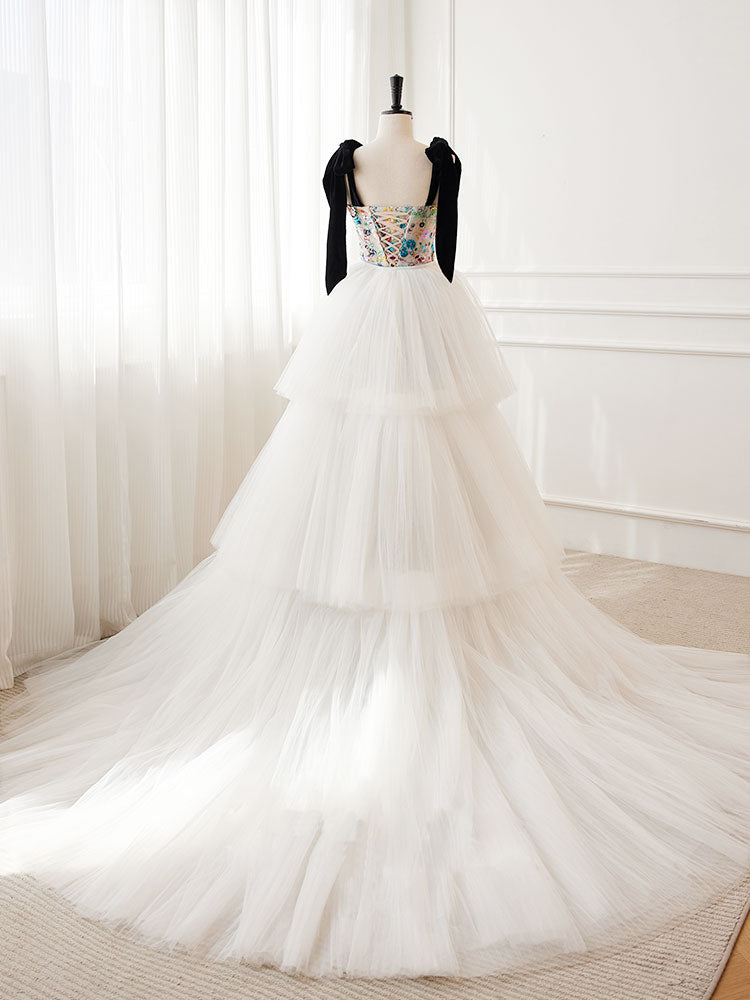 Unique A-Line Sequin Flower Tulle Long Prom Dress, White Formal Evening Dress