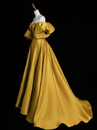 A-Line Sweetheart Neck Satin Gold Long Prom Dress, Gold Long Formal Dress
