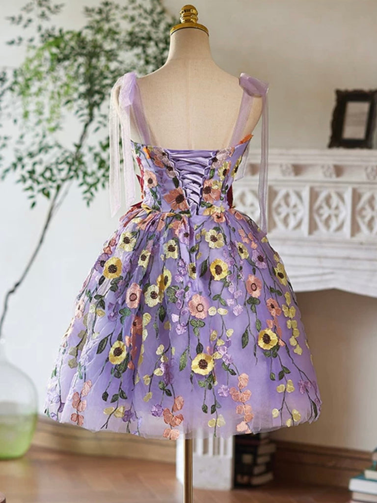 Purple Tulle Lace Short Prom Dress, Purple Homecoming Dress