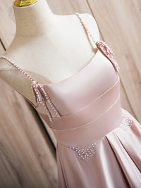 A-Line Satin Beads Pink Long Prom Dress, Pink Long Formal Dress