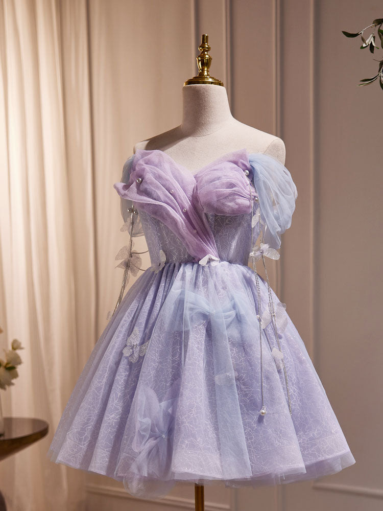 Purple Tulle Puffy Short Prom Dress, Cute Purple Homecoming Dress