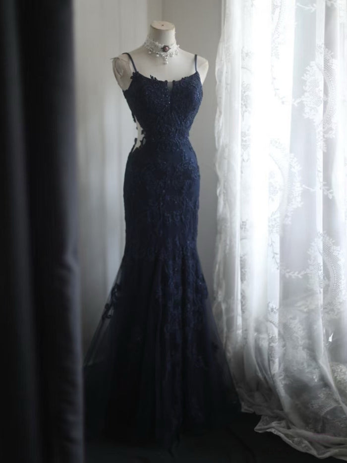 Mermaid Spoon Neck Tulle Lace Dark Blue Long Prom Dress
