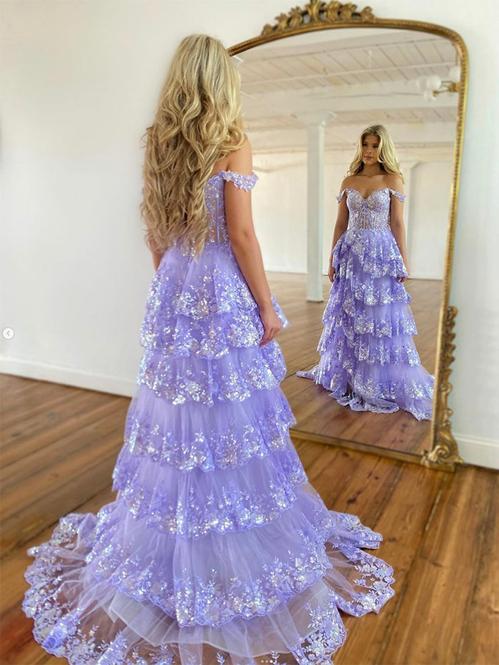 Purple Off Shoulder Sequin Long Prom Dress, Purple Formal Dress