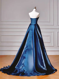 A-line Off Shoulder Sweep Train Blue Long Prom Dress Blue Party Dress