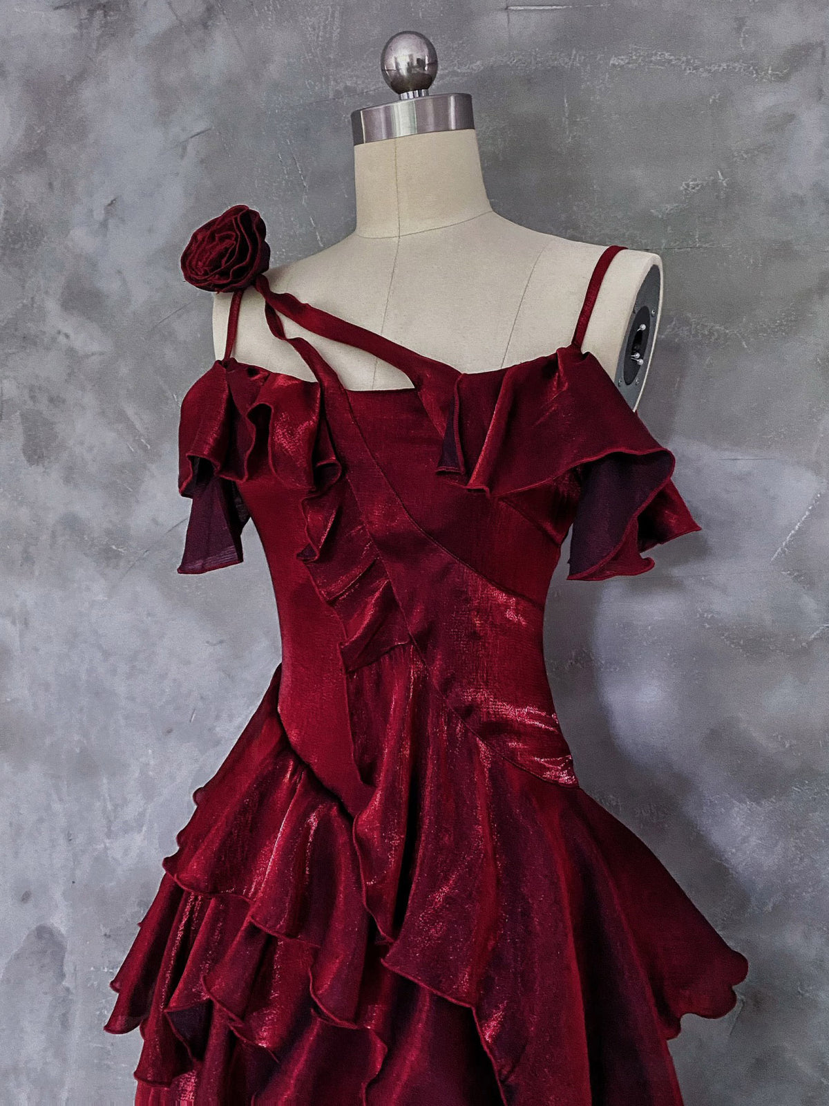 A-line Off Shoulder Silk Irregular Ruffles Burgundy Prom Dress