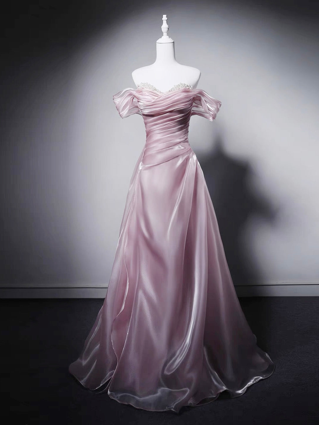 A-line Sweetheart Neck Off Shoulder Pink Long Prom Dress with Beads