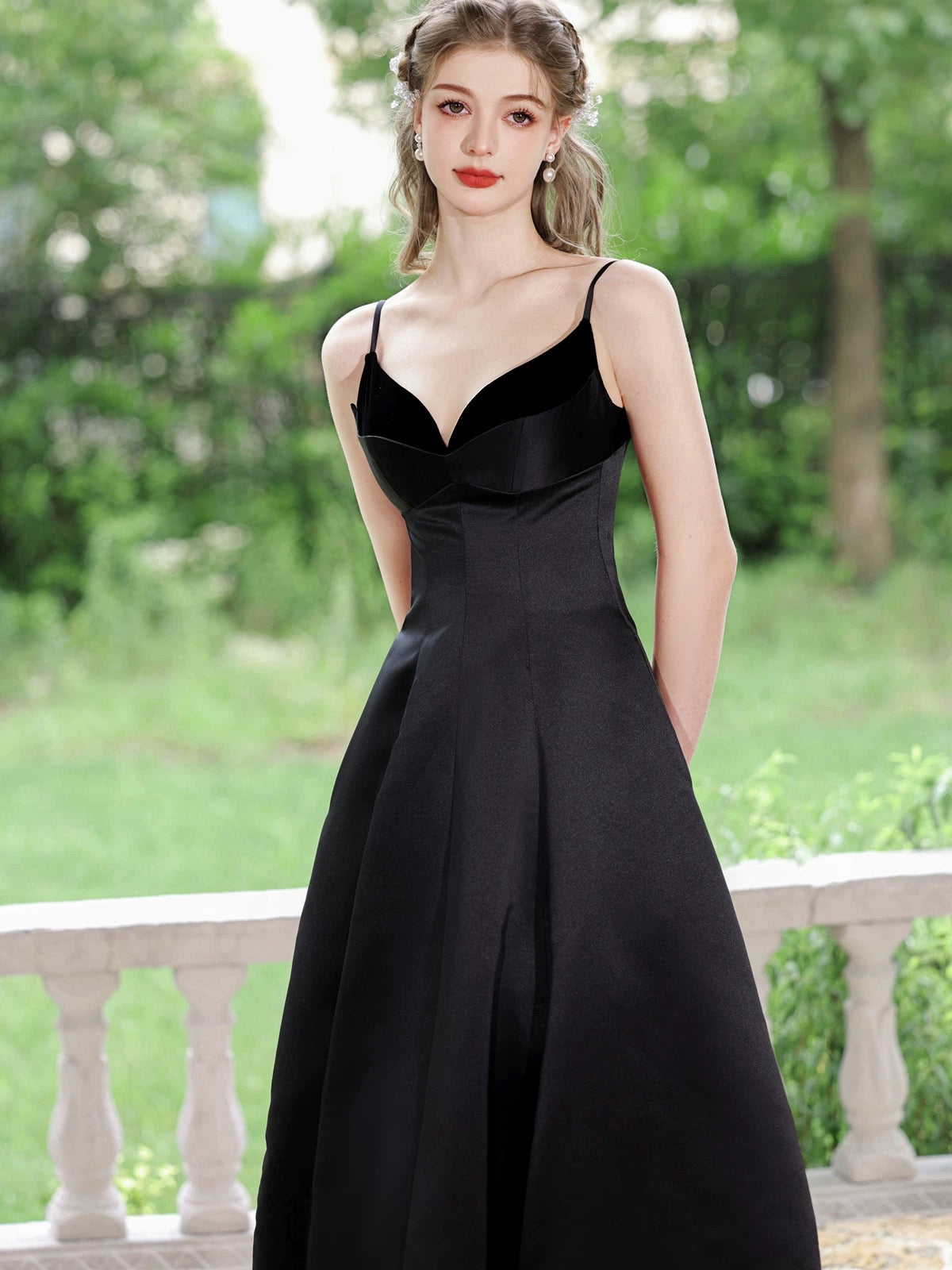 A-Line V Neck Satin Black Prom Dress, Black Formal Dress