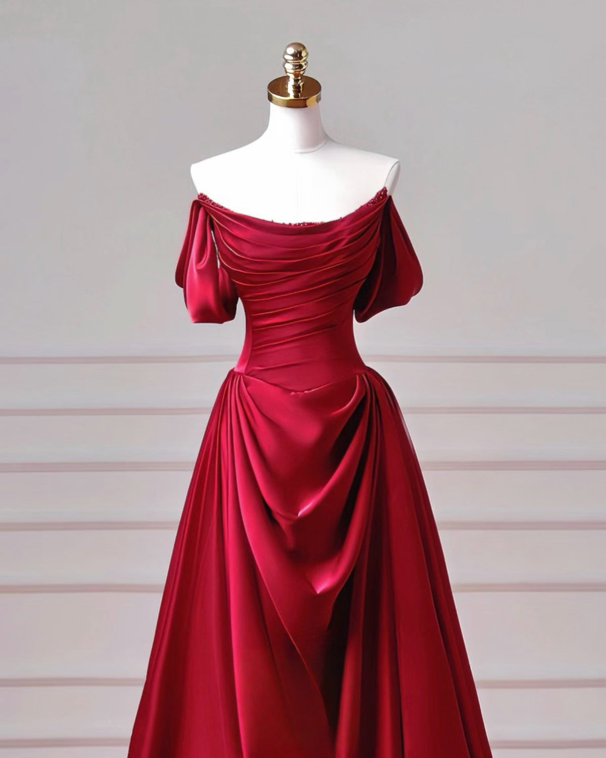 A-Line Spoon Neck off Shoulder  Burgundy Long Prom Dress