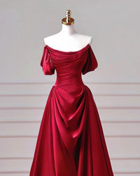 A-Line Spoon Neck off Shoulder  Burgundy Long Prom Dress