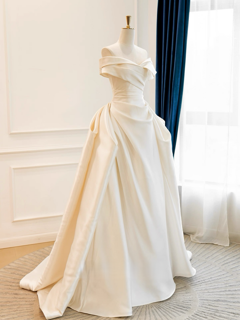 A-Line Off Shoulder Satin Light Champagne Long Prom Dress, Light Champagne Long Formal Dress