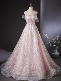 A-Line Tulle Lace Sequin Pink Long Prom Dress, Pink Long Graduation Dress