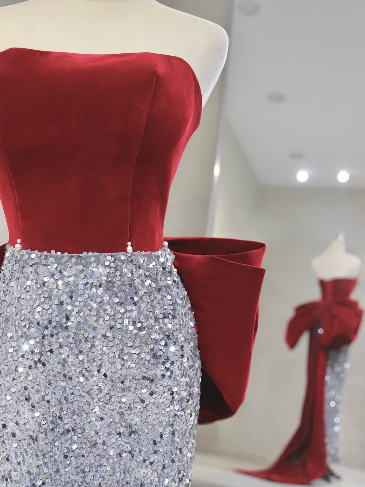 Mermaid Velvet Sequin Sweep Train Burgundy Prom Dress with Bow