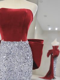 Mermaid Velvet Sequin Sweep Train Burgundy Prom Dress with Bow