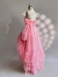 A-Line Long Sleeves High Low Tulle Lace Pink Prom Dress