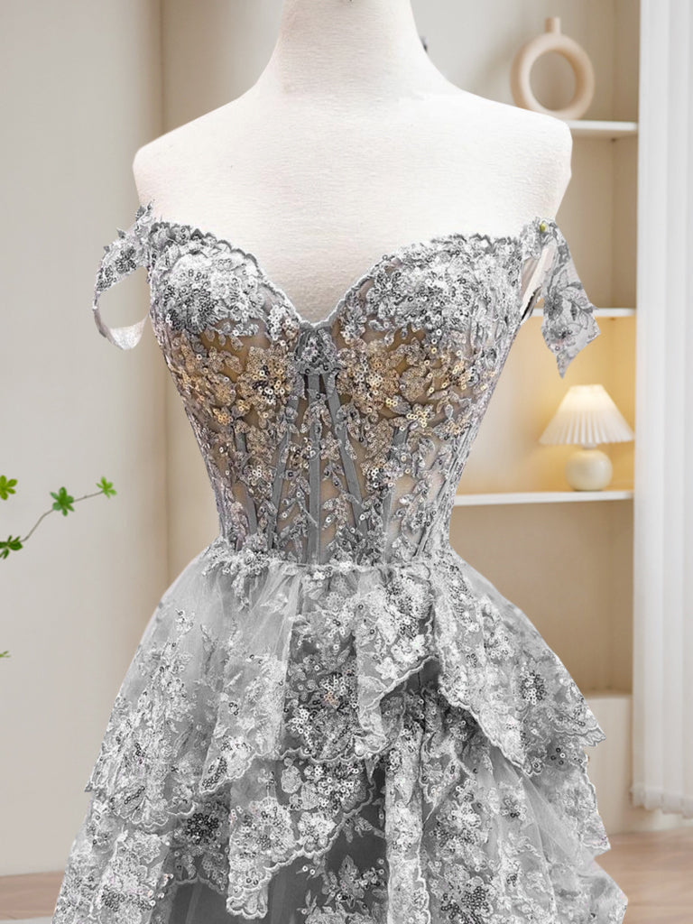 A-Line Off Shoulder Tulle Sequin Gray Long Prom Dress, Gray Long Evening Dress