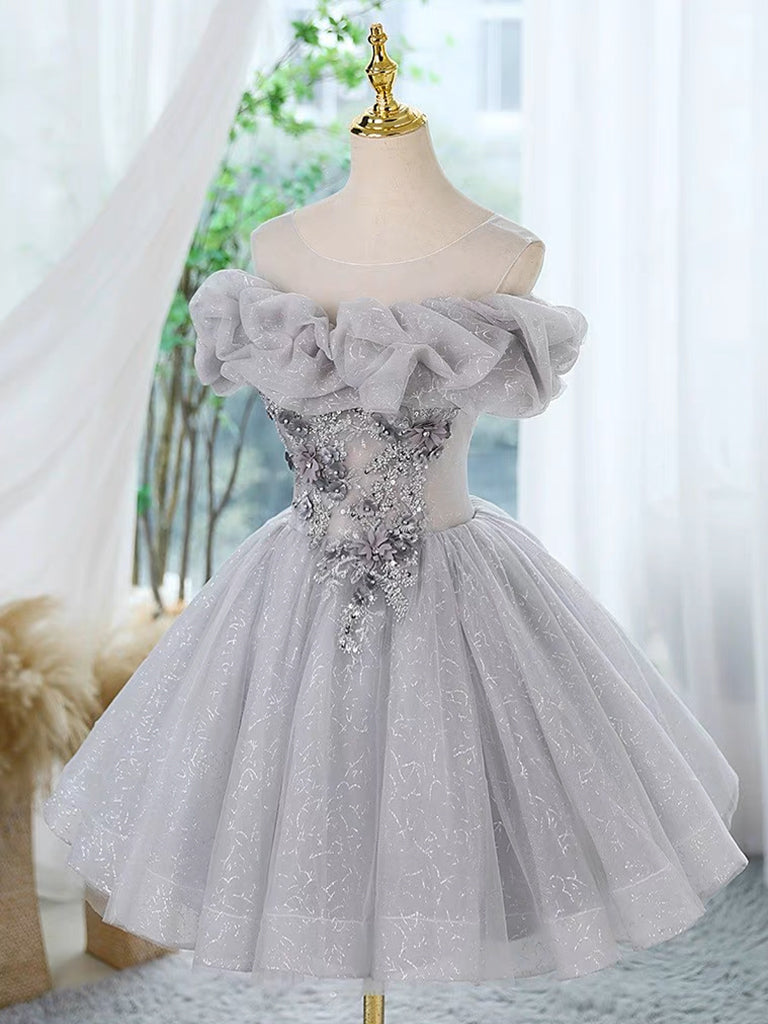 A-Line Off Shoulder Tulle Lace Sequin Gray Short Prom Dress with Beads