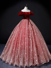 A-Line Burgundy/Pink Tulle Long Prom Dress, Burgundy/Pink Sweet 16 Dress