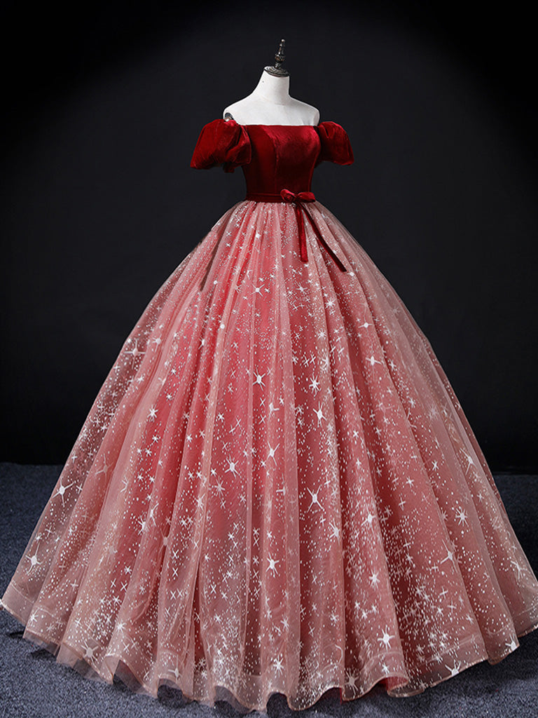 sweet 16 dresses burgundy Off Shoulder Floral Quince Ball Gown