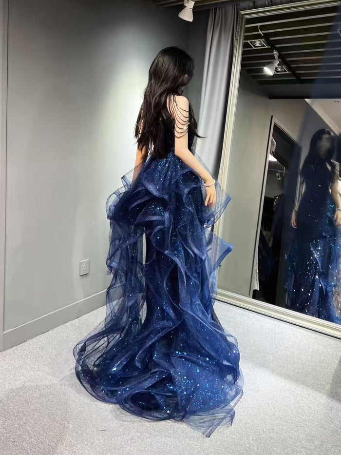 Unique High Neck Tulle Sequin Dark Blue Long Prom Dress with Beads