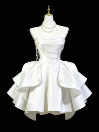 Unique Satin White Short Prom Dress with Beads