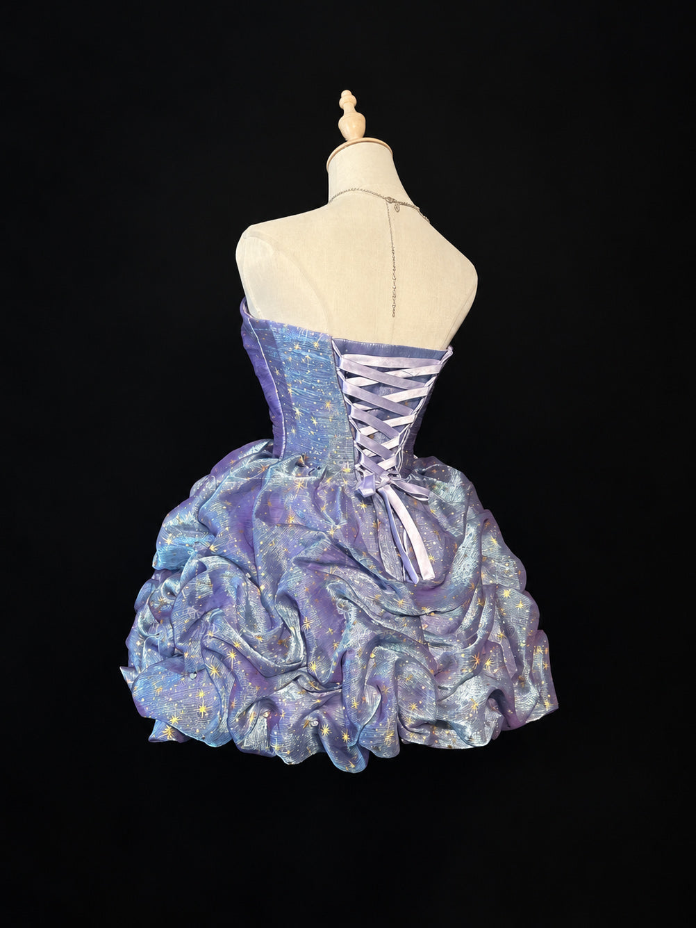 Sparkly Starry Sky Strapless Blue Purple Short Prom Dress with Ruffled Ball Gown Skirt