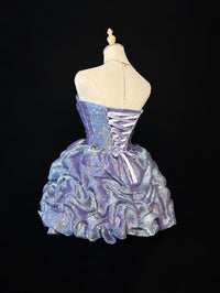 Sparkly Starry Sky Strapless Blue Purple Short Prom Dress with Ruffled Ball Gown Skirt