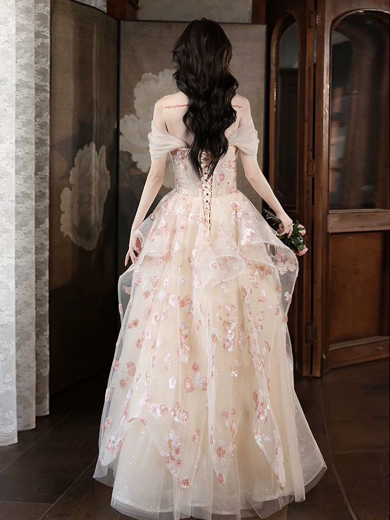 A-Line Tulle Lace Champagne Long Prom Dress, Champagne Long Formal Dress