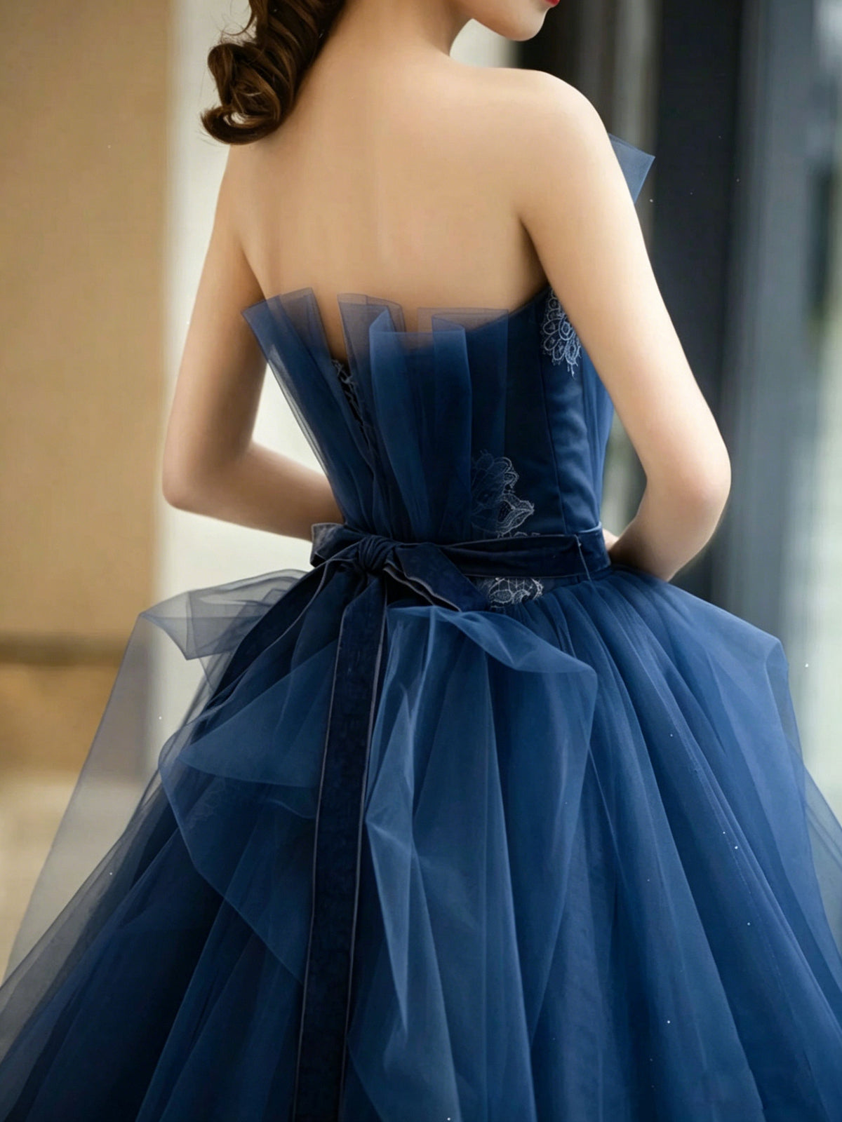 A-line Tulle Lace Floor Length Dark Blue Long Prom Dress