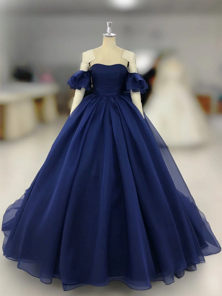 A-Line Sweetheart Neck Tulle Dark Blue Long Prom Dress, Dark Blue Long Formal Dress