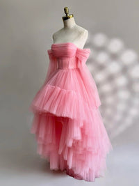 A-Line Long Sleeves High Low Tulle Lace Pink Prom Dress
