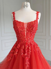 Unique V Neck Tulle Red Long Prom Dress with Lace Sequin