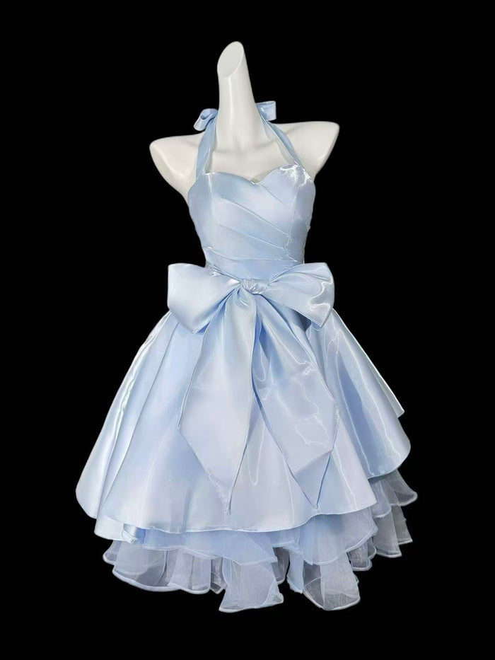 A-line Sweetheart Satin Tulle Blue Short Prom Dress, Blue Homecoming Dress