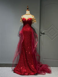 Sparkling Burgundy Sequin Mermaid Long Prom Dress with Sheer Gold Lace Shoulders