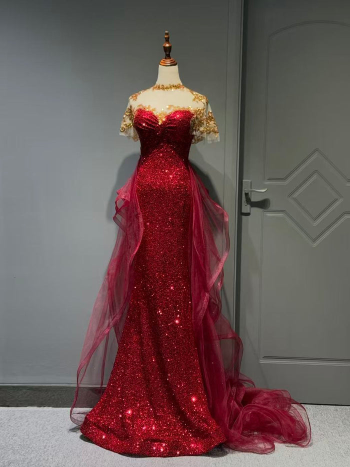 Sparkling Burgundy Sequin Mermaid Long Prom Dress with Sheer Gold Lace Shoulders