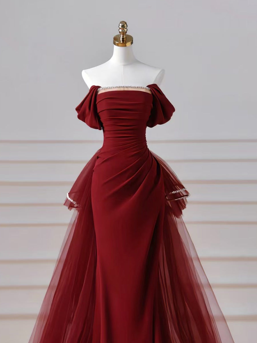 Mermaid Off Shoulder Tulle Satin Burgundy Long Prom Dress with Beads