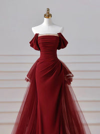 Mermaid Off Shoulder Tulle Satin Burgundy Long Prom Dress with Beads