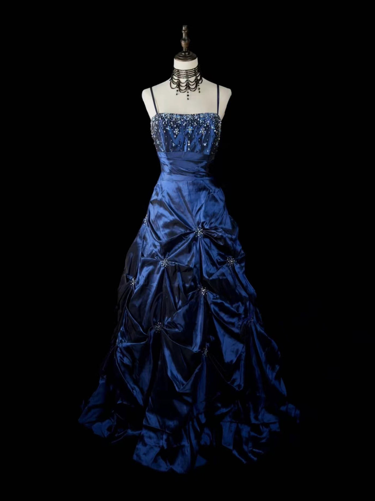 Dark Blue Satin Spaghetti Straps A-Line Prom Dress with Beaded Bodice and Pick-Up Skirt