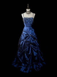 Dark Blue Satin Spaghetti Straps A-Line Prom Dress with Beaded Bodice and Pick-Up Skirt
