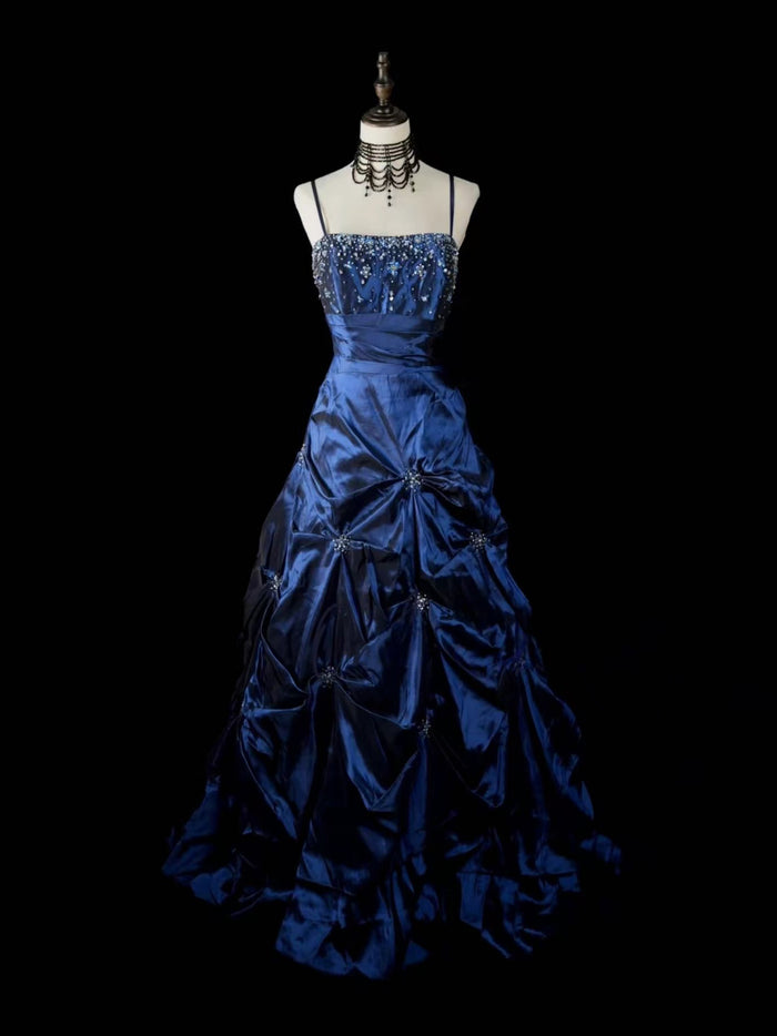 Dark Blue Satin Spaghetti Straps A-Line Prom Dress with Beaded Bodice and Pick-Up Skirt