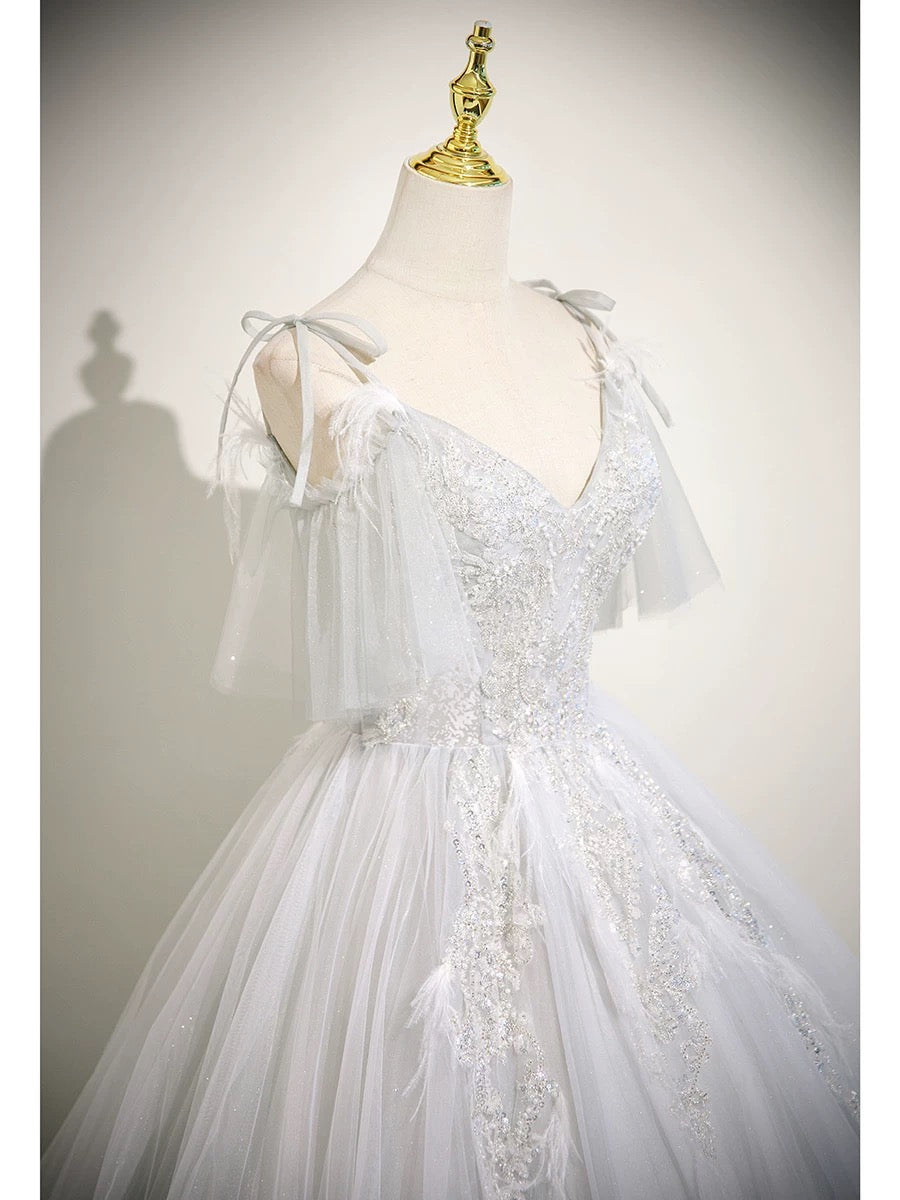 A-Line V Neck Tulle Lace Light Gray Long Prom Dress, Light Gray Long Formal Dress